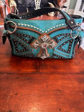 Turquoise Embellished Cross Accent Shoulder Bag - Women